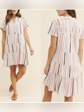 Anthropologie Dress Georgina Tiered Striped Mini Boho Babydoll Coastal Size XXSP